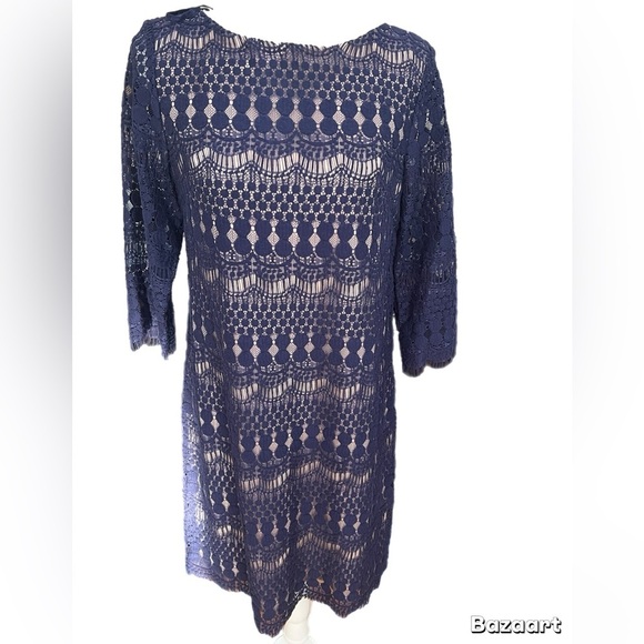 Jessica H Women's Navy Nude Lace Dress Size 6. 3/4 Sleeve - Picture 2 of 9